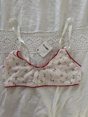 Free People White Cherry-Print Bralette with Red Trim